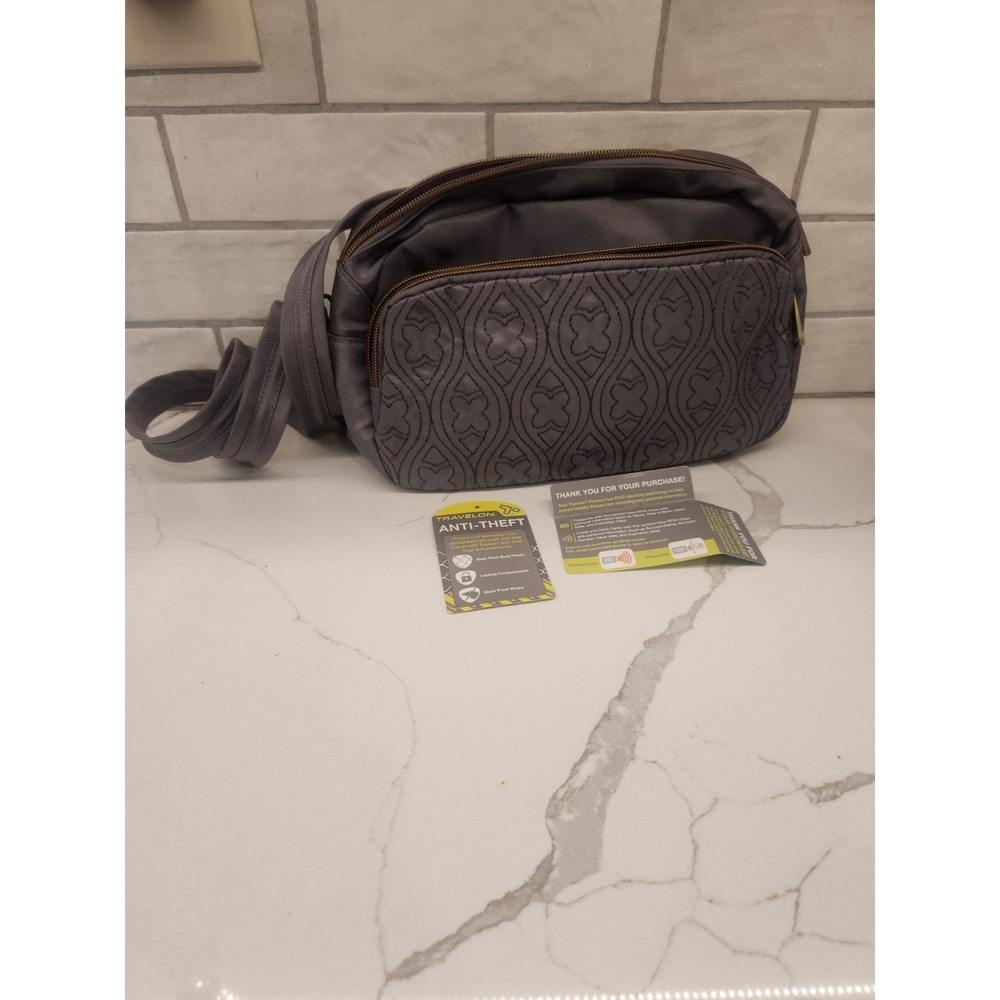 Travelon Gray Nylon Side Sling Purse Lavender Lining 11" RFID New/Tags Off